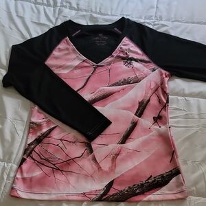 Pink and Black Long Sleeve V-Neck Top